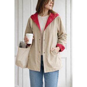 Talbots Reversible Hooded Rain Jacket Khaki Red Lightweight Travel Coat M/L
